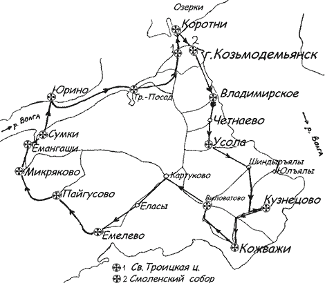 Карта Крестного хода по Горномарийскому району в 2004 году